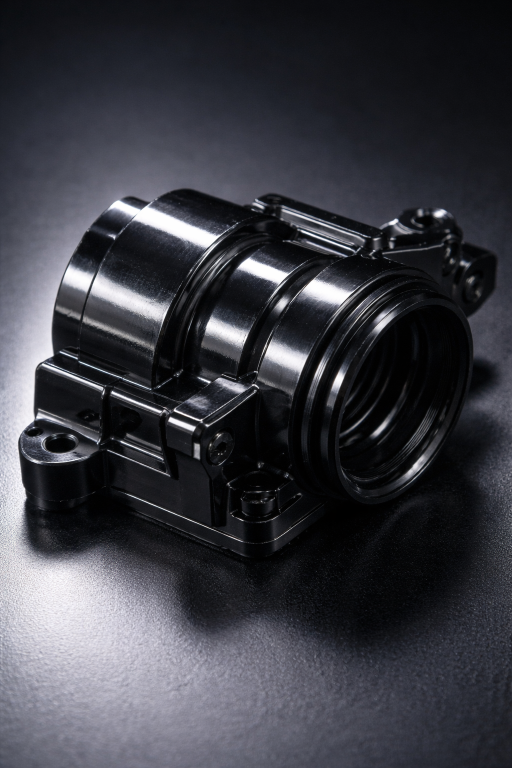 Glossy black plastic part showing reflections under inspection lighting